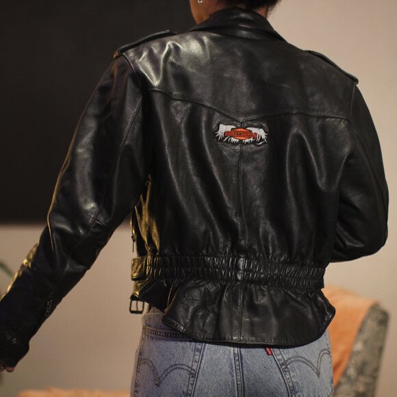 Biker Leather Jacket With Harley-Davidson Patch - Picture 3 of 16